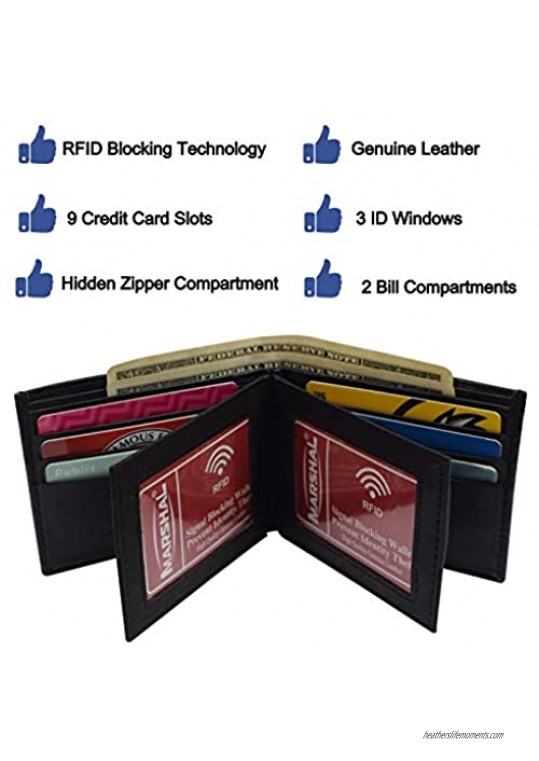 Marshal RFID Leather Mens Wallet Black Bifold Fixed Flip 3 Window ID Organza Gift Bag