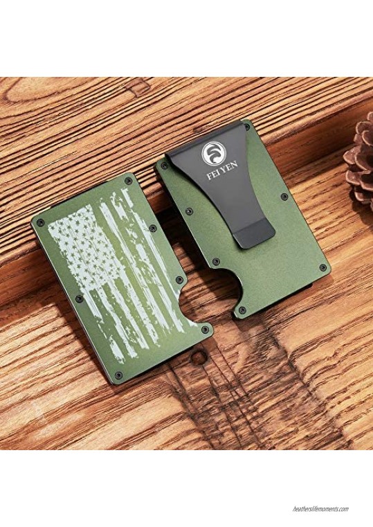 Men Minimalist Wallets with EDC Multitool - RFID Blocking Slim Metal Wallet - Front Pocket Money Clip - Aluminum Credit Card Holder - Engraved American Flag