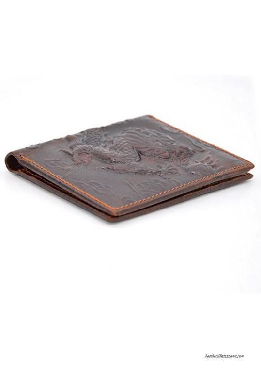 Mens Brown Genuine Leather Wallet with Credit Card Holder Dragon Pattern