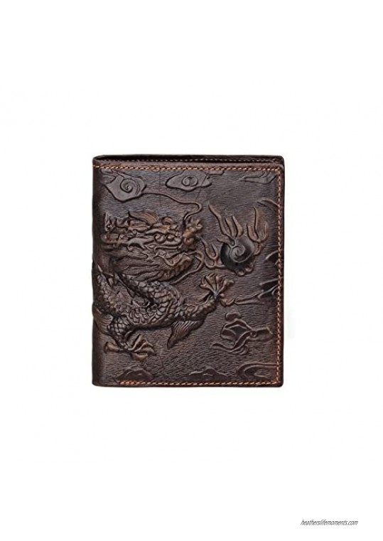 Mens Brown Genuine Leather Wallet with Credit Card Holder Dragon Pattern