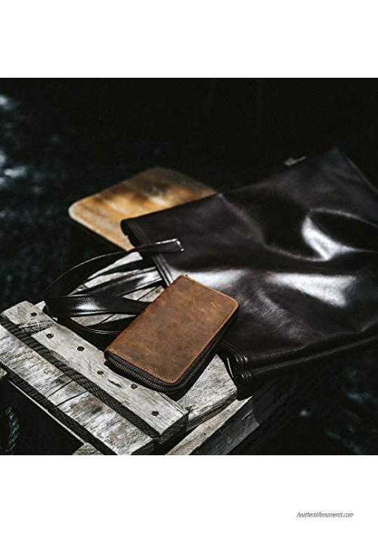 Mens Genuine Leather Long Wallet with Zipper RFID Blocking Vintage Bifold