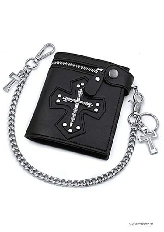 Mens Gothic Cross Clasp Black Leather Wallet with Anti-Theft Biker Chain Man Zipper Purse