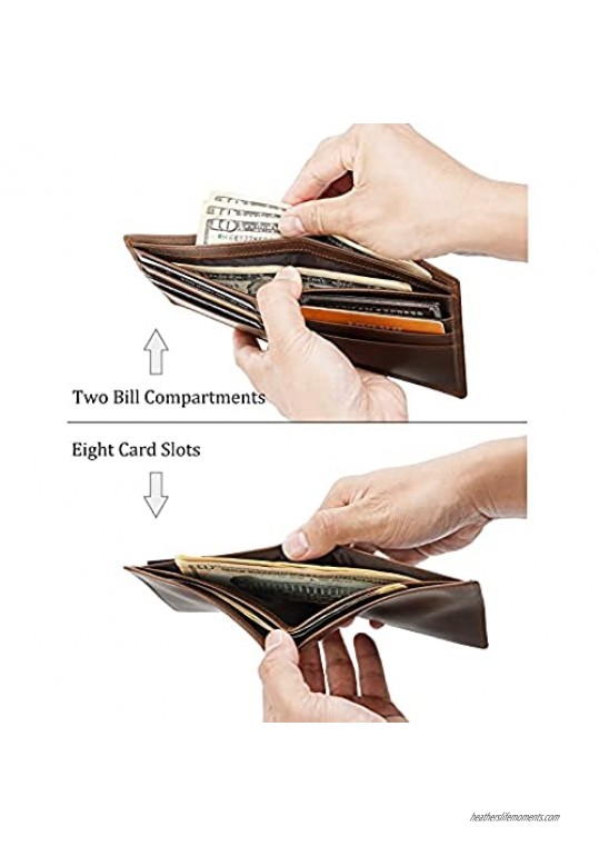 Polare Full Grain Leather Wallet For Men RFID Blocking Slim Billfold With 8 Card Slots (Brown)
