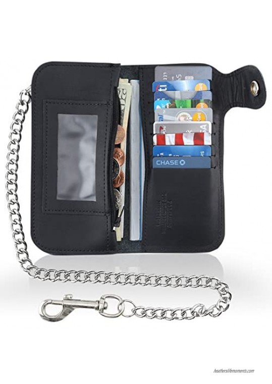 RFID Blocking Men's Bifold Vintage Long Style Cow Top Grain Leather Steel Chain Wallet Made In USA Snap closure