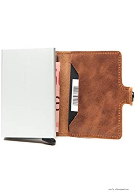Secrid - Mini Wallet Genuine Cognac Vintage Leather With Silver RFID Safe Card Case for max 12 Cards