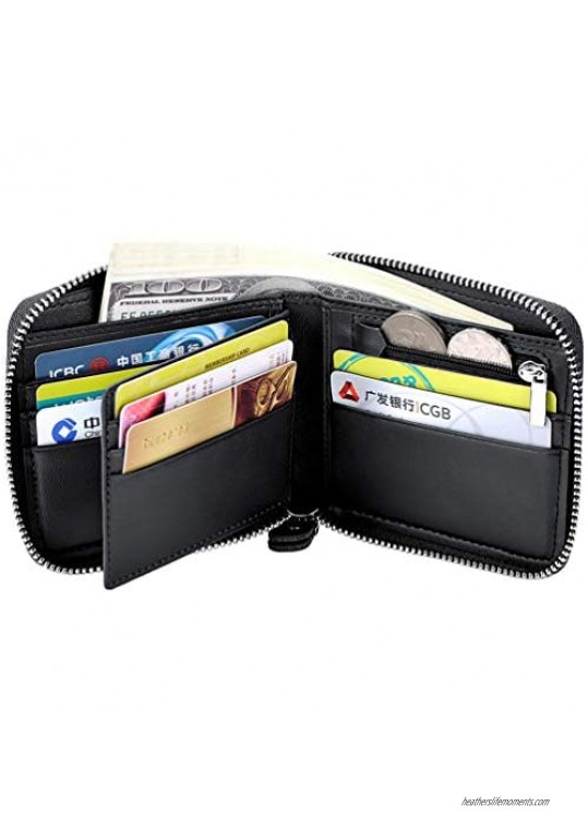 Veeskyee Men's Leather Zipper Wallet RFID Blocking Zip Around Wallet Bifold Multi Card Holder Purse