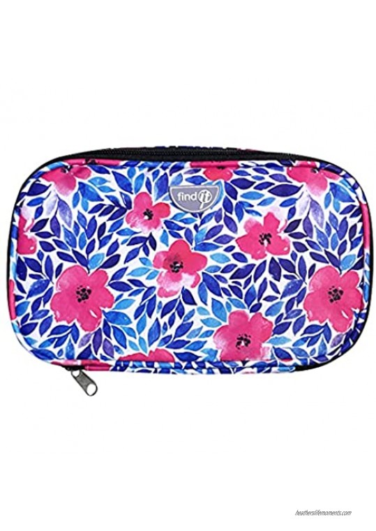 Find-It Supply Clutch  Soft-Sided Zippered Storage Pouch and Travel Case  Blue Leaf Floral