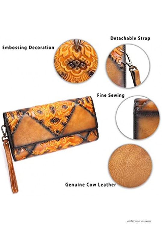 Genuine Leather Wristlets Bag for Women Embossing Clutch Vintage Handmade Crossbody Wallet Dual Use Purse