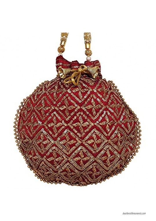 Indian Ethnic Star Work Gold Embroidered Handbag Potli Bag Potli Bag Batwa Pearls Handle Purse Clutch Purse for Women