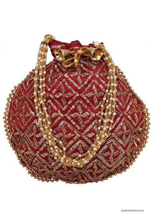 Indian Ethnic Star Work Gold Embroidered Handbag Potli Bag Potli Bag Batwa Pearls Handle Purse Clutch Purse for Women