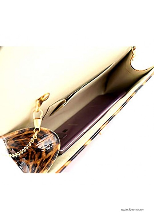 Leopard Print Glossy Faux Leather Clutch Purse Shoulder Bag with Chain Strap