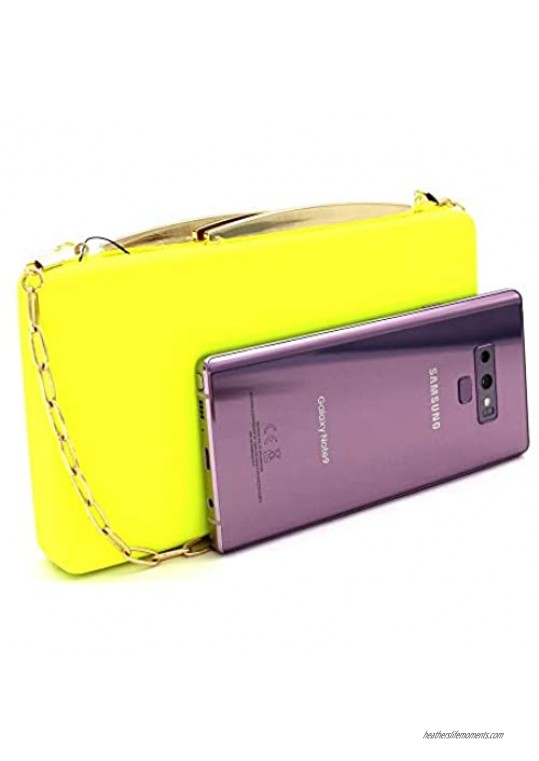 Trendy Cute Slim Thin Hard Frame Boxy Neon Color PU Leather Clutch Chain Crossbody Shoulder Bag Party Wedding Prom