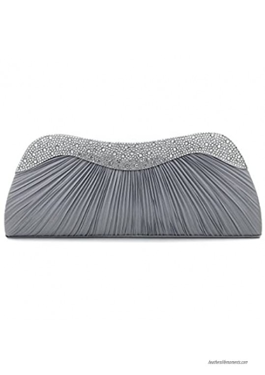 Elegant Pleated Satin & Crystal Hard Clutch Evening Bag - Diff Colors Avail
