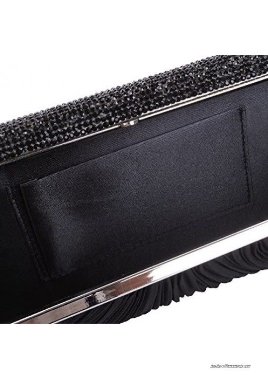 Elegant Pleated Satin w/Crystal Top Hard Frame Clutch Evening Bag - Diff Colors