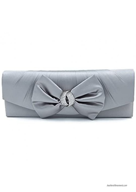 Elegant Satin Flap Bow Crystal Clutch Evening Bag - Diff Colors Avail