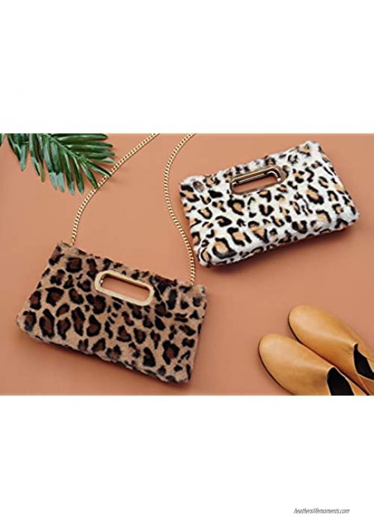 Fur Clutch Handbags Cut It Out Metal Handle Evening Bag Leopard and Tan