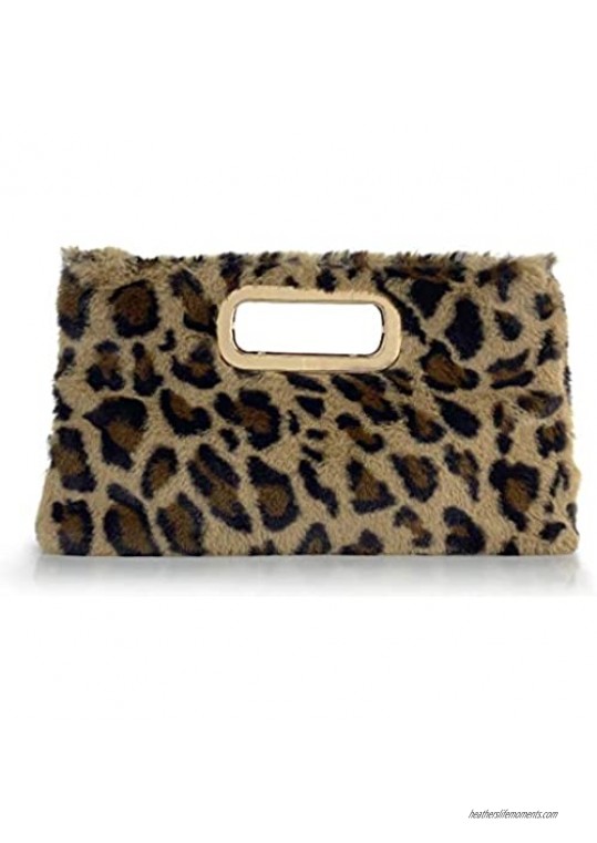 Fur Clutch Handbags Cut It Out Metal Handle Evening Bag Leopard and Tan