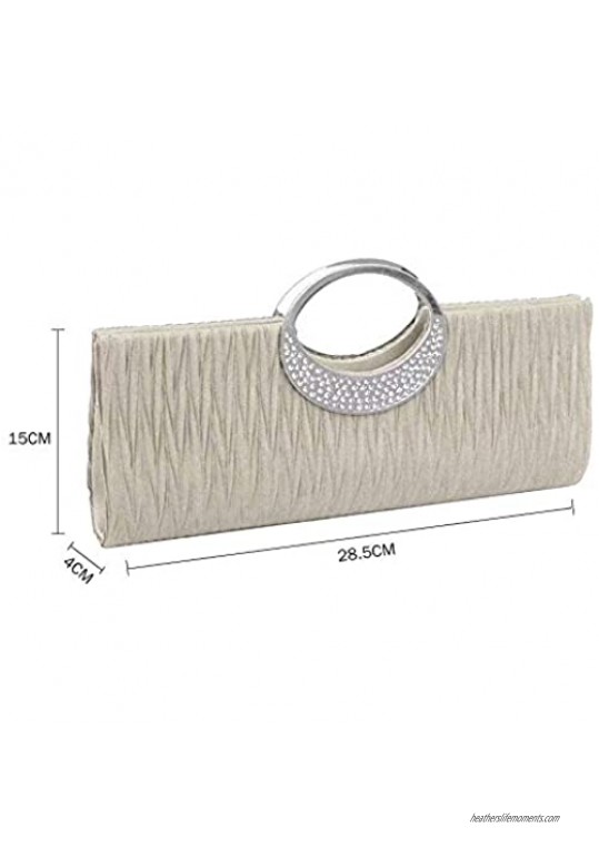 HOOLUCK Women's Rhinestone Satin Pleated Evening Bag Crystal Clutch Purse with Silver Chain Strap