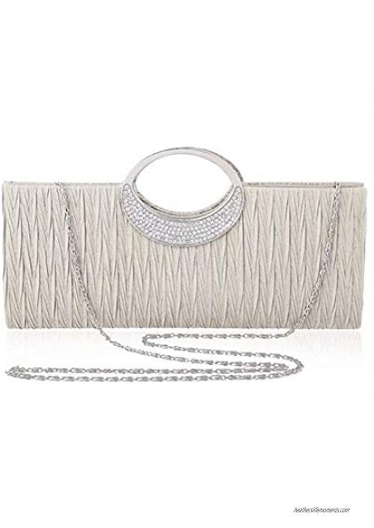 HOOLUCK Women's Rhinestone Satin Pleated Evening Bag Crystal Clutch Purse with Silver Chain Strap