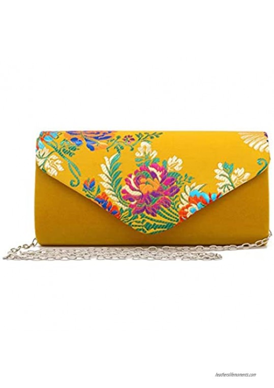Miss Chow Womens Cute Small Flower Embroidered Silklike Velvet Clutch Evening Bag Ethnic Party Handbag