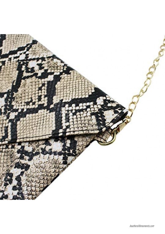 Women Snakeskin Envelop Clutch Handbag Ladies Retro Evening Party Chain Handbag Purse