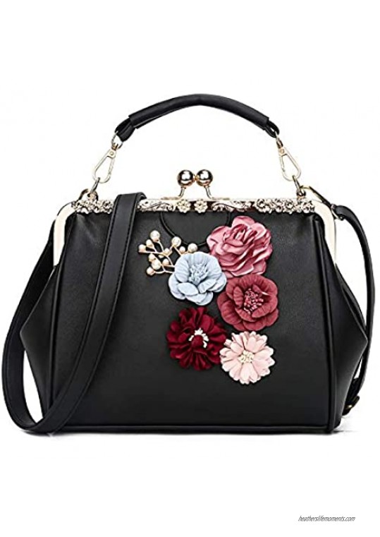 Women Wedding Vintage Floral Handbag - Kiss Lock Antique Minimalist Pu Evening Purse