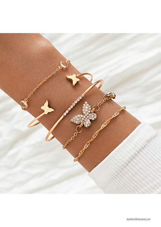5PCS Fashion Crystal Bracelets Sets for Women Gold Layered Butterflies Pendant Charms Hand Chain Stackable Wrap Bangle Adjustable Bracelet Jewelry Accessories