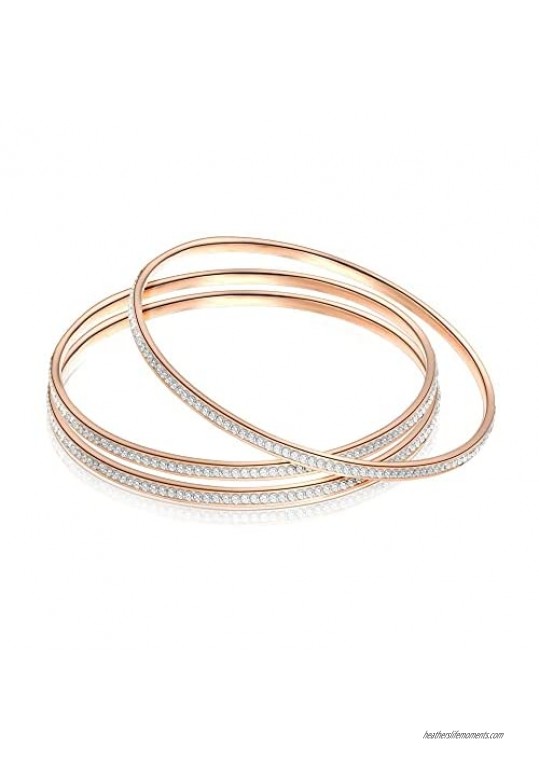 Beautywell 14K Rose Gold Plated Titanium 3in1 Glitter Design Interlocking Bangle Bracelet For Women  Diamond Cut AAAAA+ CZ