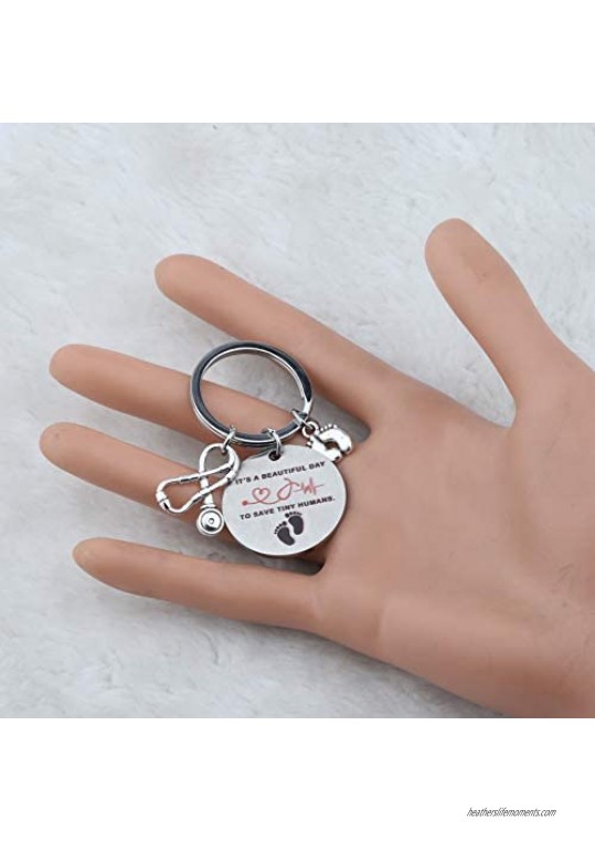 CENWA NICU Nurse Keychain Gifts Midwife Jewelry Baby Footprints Stethoscope Keychain It’s Beautiful Day to Save Tiny Humans
