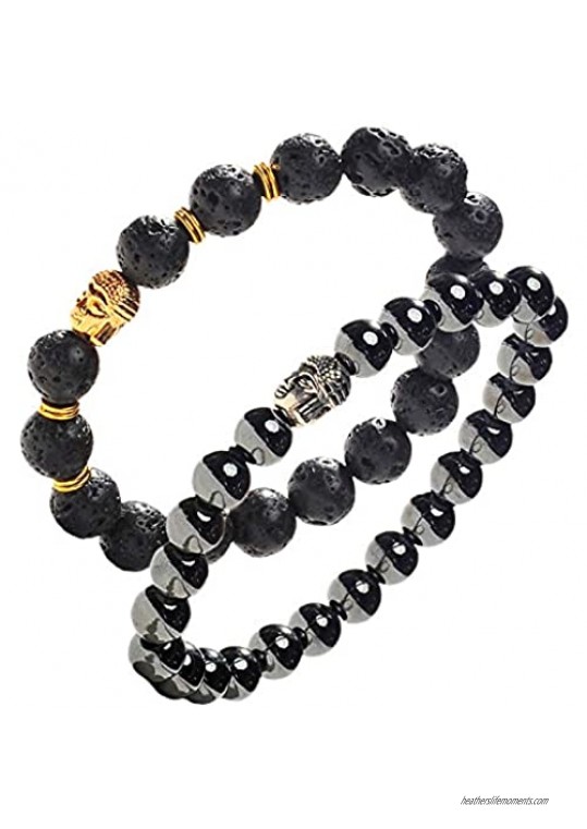 Earth Therapy Buddha Root Chakra Bracelet Set - Gold Plated Volcanic Lava and Hematite Healing Bracelets - Adjustable - for Men  Women and Yogis - Gift Set of 2