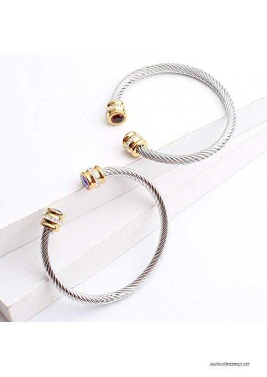 HX SHARE Birthstone Bangle Cable Wire Twisted Bangles Designer Inspired Cuff Bracelets for Women jewelry Girls Teens Christmas Gifts