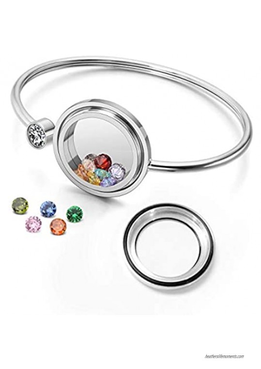 Jovivi Personalized Custom Stainless Steel Clear Glass Memory Living Floating Charm Locket Bracelet Bangle with 12pcs Cubic Zirconia Birthstones for Women