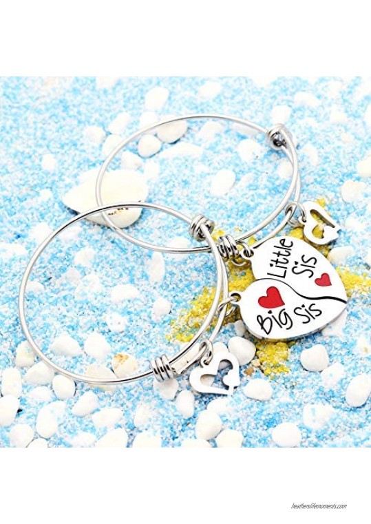 lauhonmin Sister Bangle Bracelets for Big Sister Little Sister Heart Charms Double Pendant Pack of 2