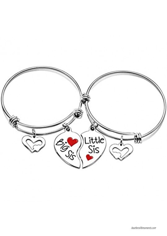 lauhonmin Sister Bangle Bracelets for Big Sister Little Sister Heart Charms Double Pendant Pack of 2