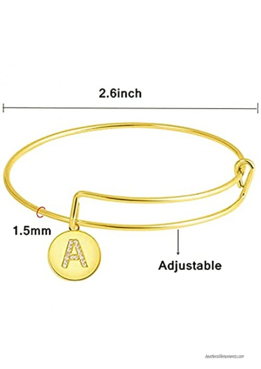Reoxvo 18K Gold Plated Initial Charm Bangle Bracelet Expandable A-Z Letters Bangles for Women