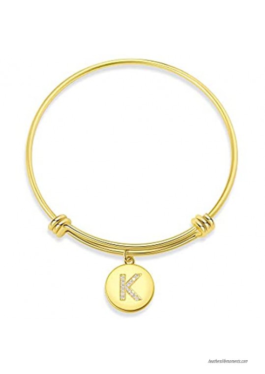 Reoxvo 18K Gold Plated Initial Charm Bangle Bracelet Expandable A-Z Letters Bangles for Women