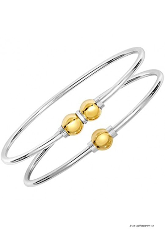Solid 925 Sterling Silver And 14K Gold Double Ball Designer Cuff Bangle Bracelet.