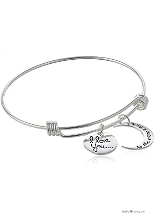 Sterling Silver Adjustable I Love You To The Moon and Back Bangle Bracelet