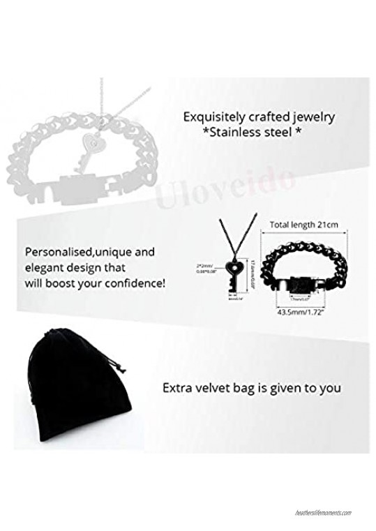 Uloveido Titanium Steel Key Pendant Necklace and Square Lock Bangle Bracelet Set for Couples Valetines Gifts