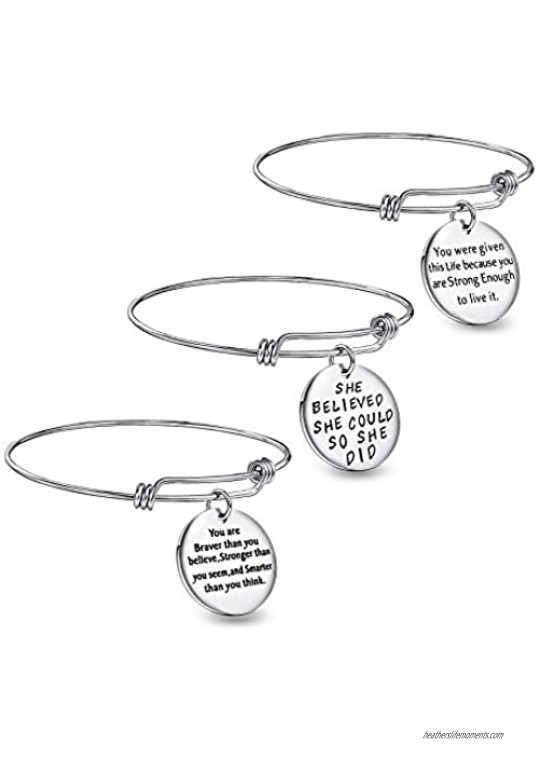 Wanmei 3pcs Wire Bangle Stainless Steel expendable Charm Bracelet Engraved Message Motivational Inspirational Words Round Charm Pendant Adjustable Bracelet set best gift for women