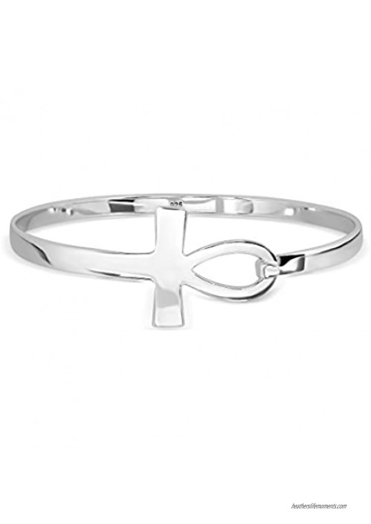 WithLoveSilver Sterling Silver 925 Ankh Cross Key of Life Bangle Bracelet