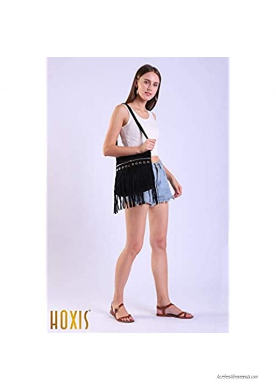 Hoxis Studded Tassel Zipper Faux Suede Leather Cross Body Bag Womens Purse