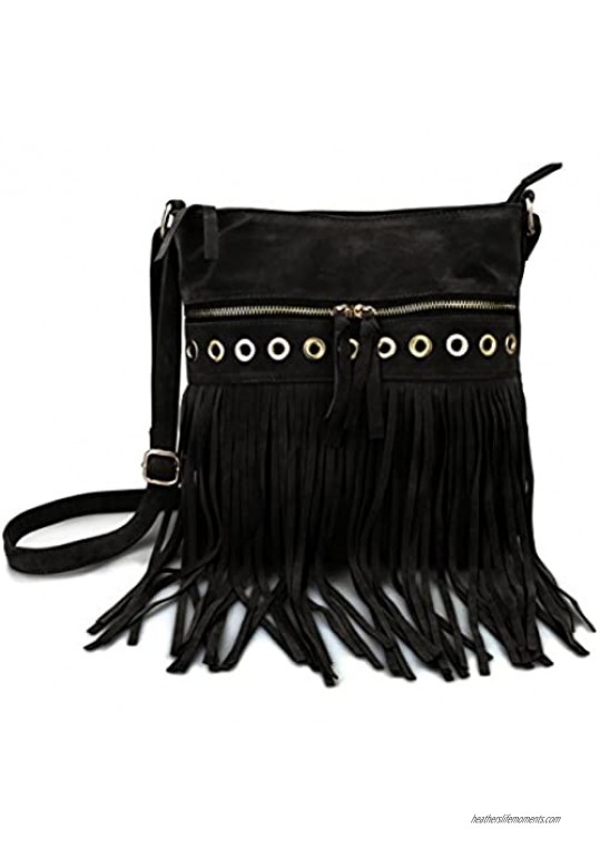Hoxis Studded Tassel Zipper Faux Suede Leather Cross Body Bag Womens Purse
