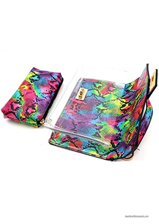 Multicolor Snake Print Pouch Clear Chain 2 Way Shoulder Bag Crossbody Stadium