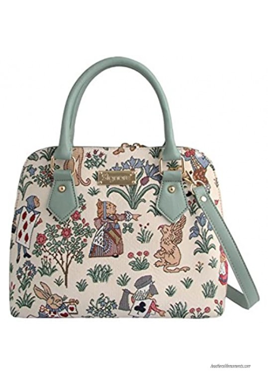 Signare Tapestry Handbag Satchel Bag Shoulder bag and Crossbody Bag and Purse for women with Alice in Wonderland Design (CONV-ALICE)
