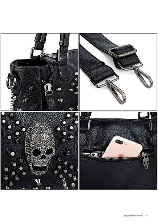 UTO Women Skull Bag Rivet Studded Handbag PU Leather Purse Satchel Shoulder Bags Black A 381