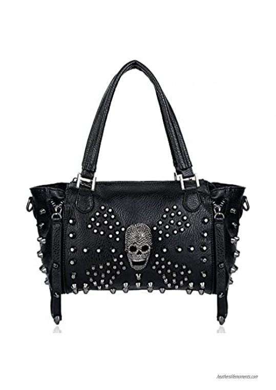 UTO Women Skull Bag Rivet Studded Handbag PU Leather Purse Satchel Shoulder Bags Black A 381