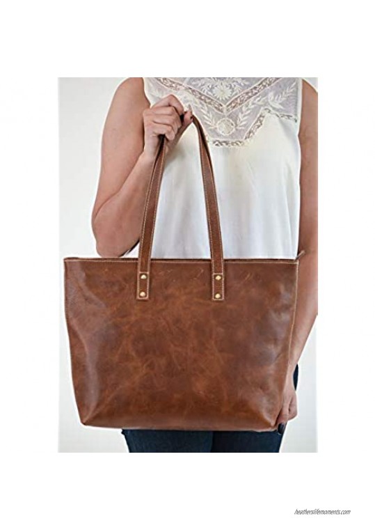 Vintage Genuine Leather Tote Bag for Women with Zipper - Large Shoulder Handbag