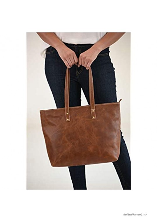 Vintage Genuine Leather Tote Bag for Women with Zipper - Large Shoulder Handbag