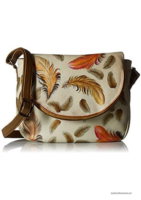Anuschka Handpainted Leather Flap-Over Convertible Floating Feathers Ivory